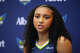 Dallas Wings' Azzi Fudd talks to reporters during the team's WNBA basketball media day Monday, April 27, 2026, in Arlington, Texas. (AP Photo/Julio Cortez)