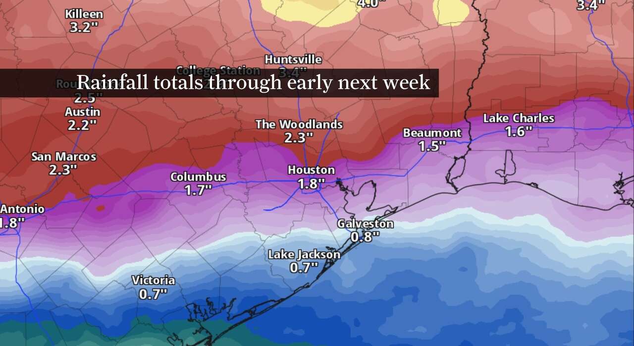 This map shows forecast rainfall totals through Tuesday morning across Southeast Texas, according to NOAA's Weather Prediction Service.