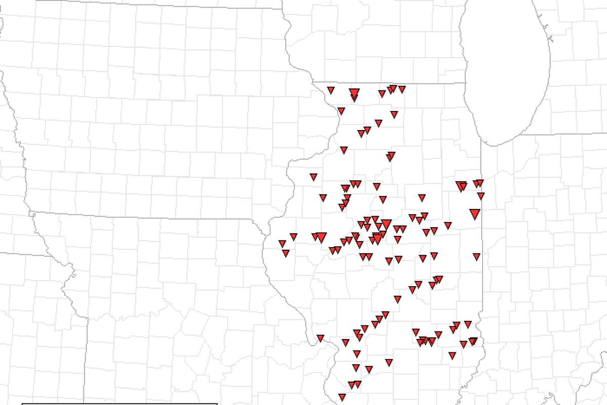 This map shows reported tornadoes that have touched down in Illinois since Jan. 1, 2026.