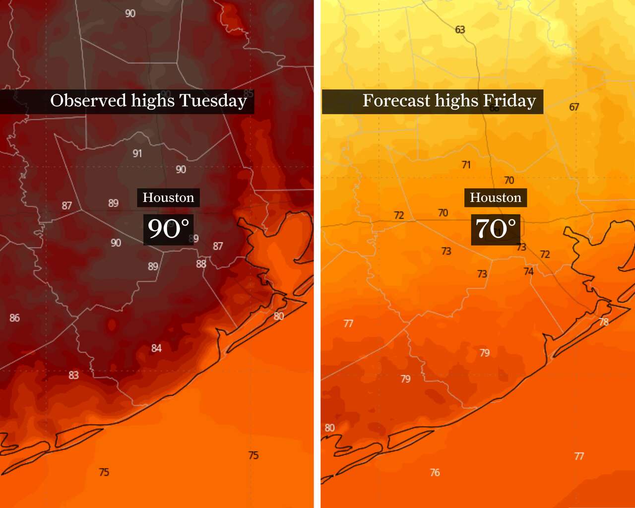 This map shows observed highs across Southeast Texas Tuesday (left) and forecast highs Friday afternoon (right). A strong cold front will keep temperatures held below normal Friday.