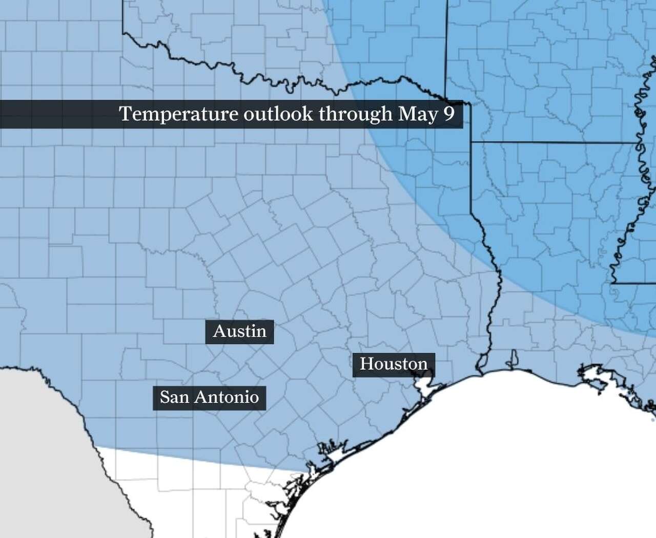 This map shows the temperature outlook through May 9, according to NOAA's Climate Prediction Center. Regions in blue, which includes Houston, are likely to see below normal temperatures.