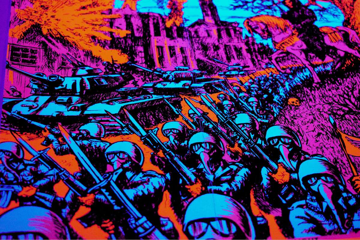 A poster drawn by Houston artist George Goode for the Houston Blacklight Poster Company.