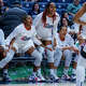 UConn's Kelis Fisher (left) and Blanca Quinonez react during the first half of a game against Providence at Gampel Pavilion on February 22, 2026 in Storrs, Connecticut. (Photo by Joe Buglewicz/Getty Images)