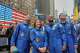 From left, NASA's Artemis II astronauts Reid Wiseman, Christina Koch, Victor Glover, and Jeremy Hansen watch a replay of their ringing of the closing bell at the Nasdaq MarketSite, in New York's Times Square, Thursday, April 30, 2026.