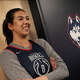 UConn's Jana El Alfy smiles while speaking to members of the media at Gampel Pavilion in Storrs, Conn., Sunday, March 22, 2026. UConn hosts No. 9 Syracuse in an NCAA Fort Worth Regional 1 second-round game at Gampel Pavilion Monday.