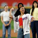 Azzi Fudd throws a ceremonial first pitch before the game between the Texas Rangers and the New York Yankees at Globe Life Field on April 28, 2026.