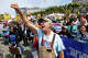 Adam Snyder, a union member of United Food and Commercial Workers rises his fist during a demonstration on May Day to advocate for workers’ rights and opposing deportations, job cuts, and war, at Civic Center Plaza in San Francisco, May 1, 2026.