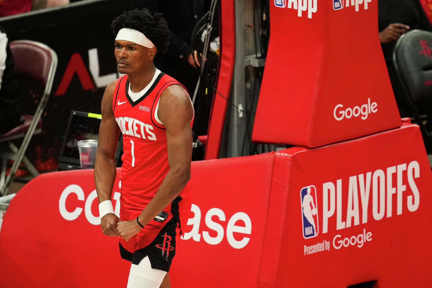 Houston Rockets guard Amen Thompson (1) reacts after drawing a foul during the first half in Game 6 of a first-round NBA playoff basketball series at Toyota Center in Houston on Friday, May 1, 2026.