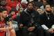 Houston Rockets center Alperen Sengun (28) from left, Kevin Durant , and Fred Vanvleet watch Game 6 of a first-round NBA playoff basketball series against the Los Angeles Lakers at Toyota Center in Houston on Friday, May 1, 2026.