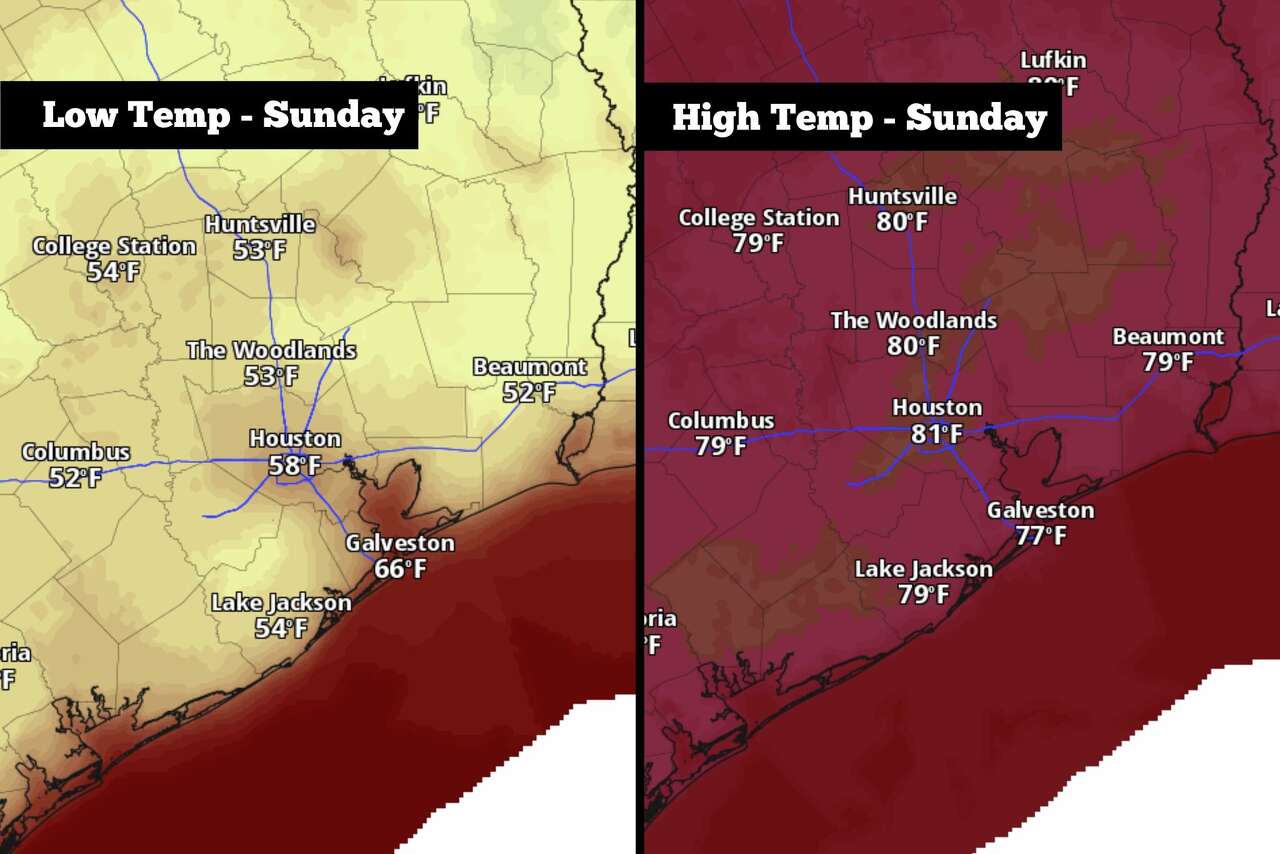Shown are the expected low and high temps across Southeast Texas on Sunday