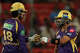 Kolkata Knight Riders'captain Ajinkya Rahane, right, and Angkrish Raghuvanshi, encourage each other as they bat during the Indian Premier League cricket match between Sunrisers Hyderabad and Kolkata Knight Riders in Hyderabad, India, Sunday, May 3, 2026.