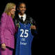 UConn's Aubrey Griffin, right, poses with WNBA Commissioner Cathy Engelbert, left, after being selected 37th overall by the Minnesota Lynx during the third round of the WNBA basketball draft Monday, April 14, 2025, in New York. (AP Photo/Pamela Smith)