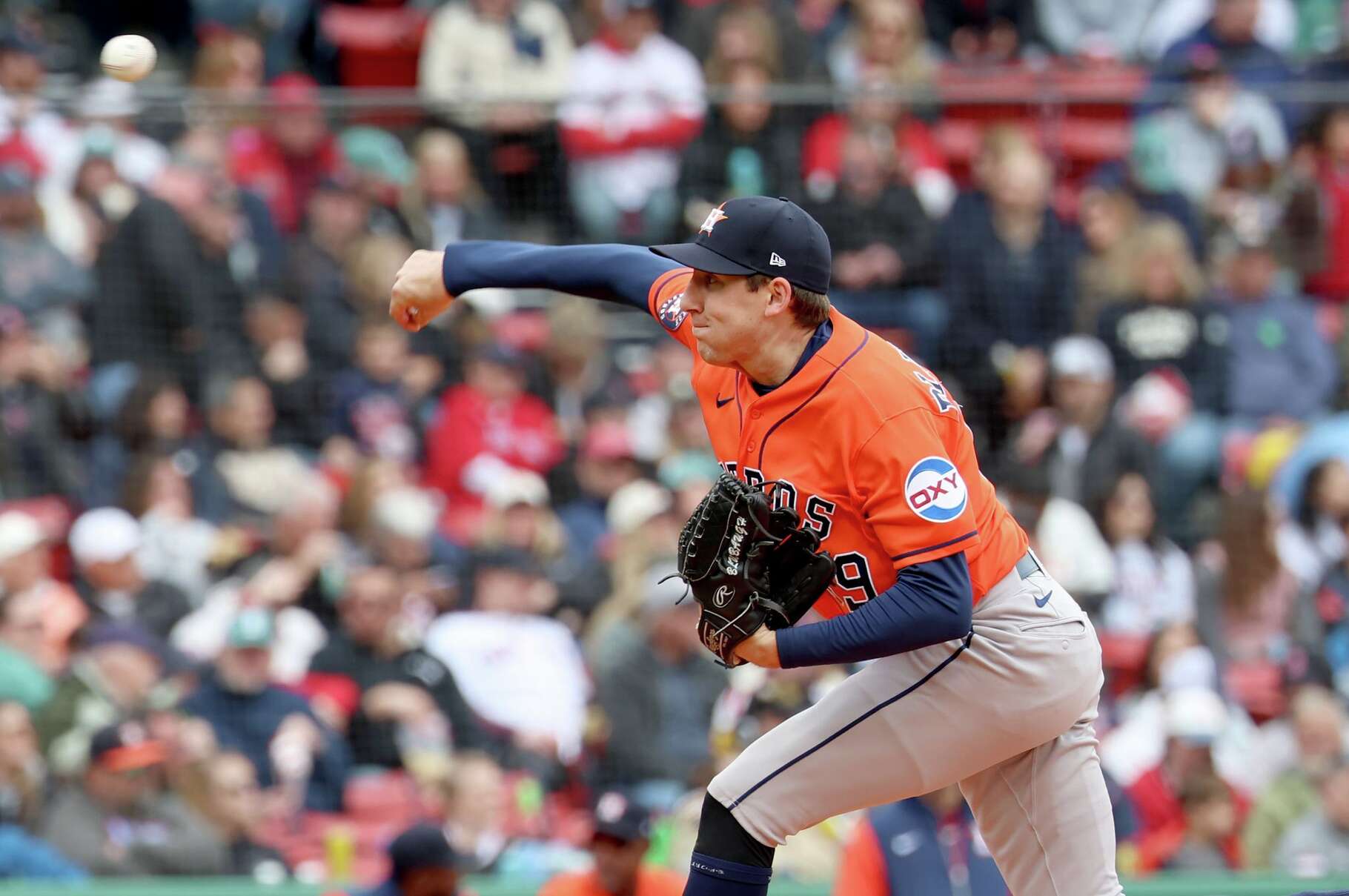 Houston Astros pitcher AJ Blubaugh throws during the third inning of a baseball game against the Boston Red Sox, Sunday, May 3, 2026, in Boston. (AP Photo/Mark Stockwell)