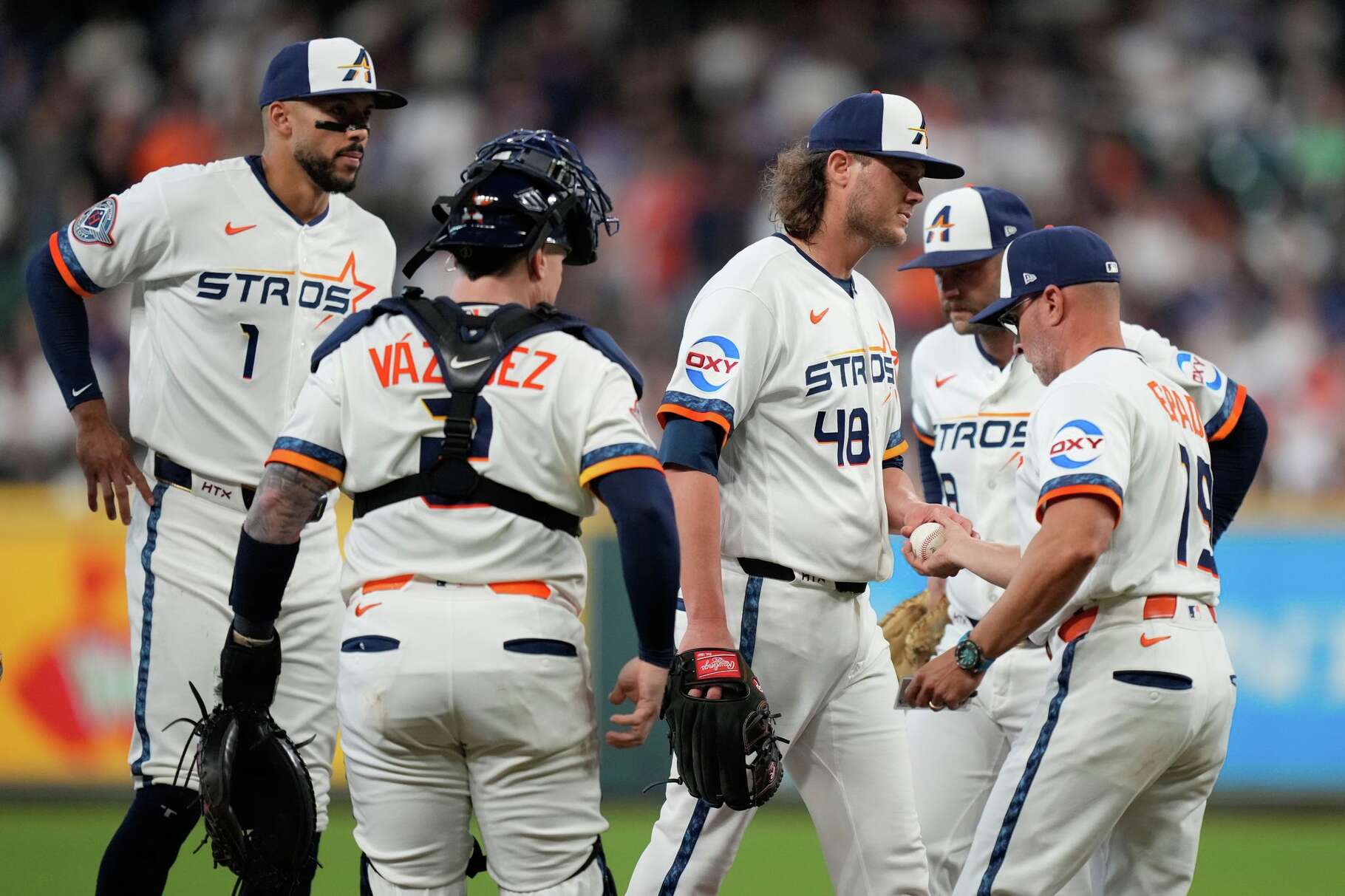 Houston Astros starting pitcher Steven Okert (48) leaves the mound during the first inning of a baseball game against the Los Angeles Dodgers in Houston, Monday, May 4, 2026. (AP Photo/Ashley Landis)