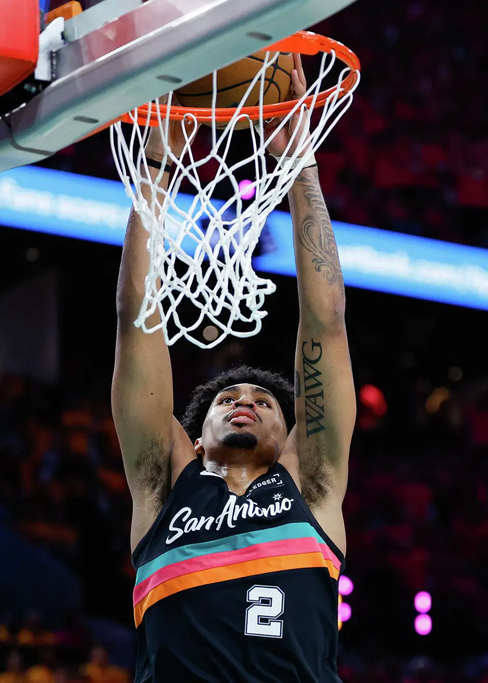 San Antonio Spurs guard Dylan Harper (2) during the fourth quarter of Game 1 of the Western Conference semifinals against the Minnesota Timberwolves at Frost Bank Center in San Antonio, Monday, May 4, 2026. The Spurs fell 104-102 to the Timberwolves.
