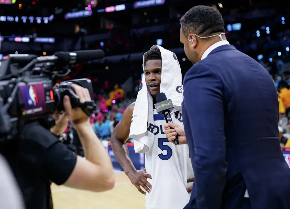 Minnesota Timberwolves guard Anthony Edwards (5) is interviewed after winning Game 1 of the Western Conference semifinals against the San Antonio Spurs at Frost Bank Center in San Antonio, Monday, May 4, 2026. The Spurs fell 104-102 to the Timberwolves.