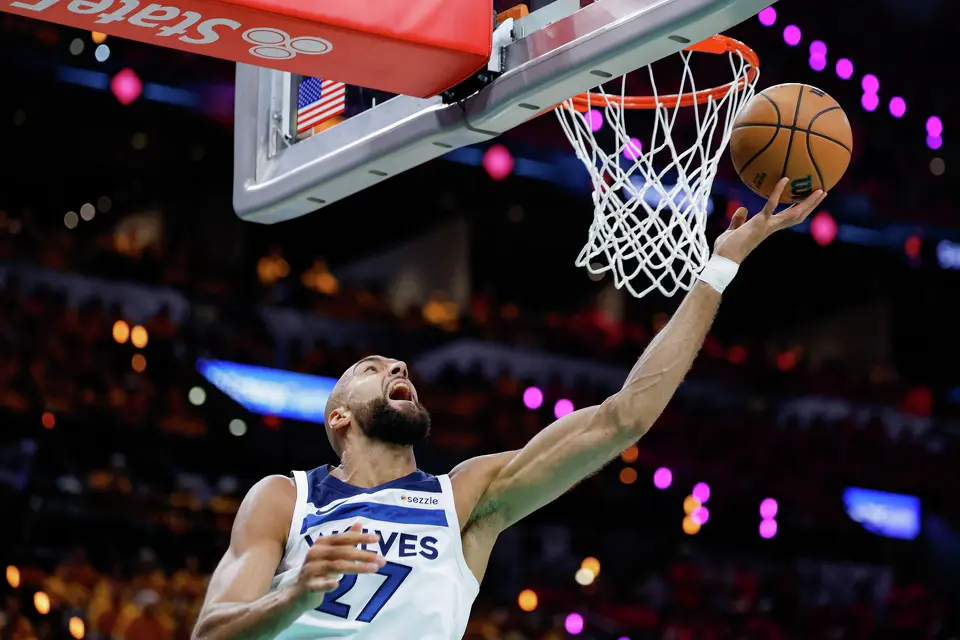 Minnesota Timberwolves center Rudy Gobert (27) makes a shot during the first half of Game 1 of the Western Conference semifinals against the San Antonio Spurs at Frost Bank Center in San Antonio, Monday, May 4, 2026. The Spurs fell 104-102 to the Timberwolves.