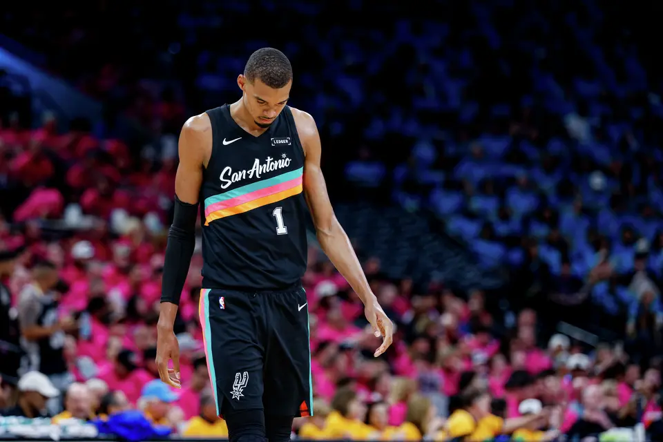 San Antonio Spurs forward Victor Wembanyama (1) walks on the court during the first half of Game 1 of the Western Conference semifinals against the Minnesota Timberwolves at Frost Bank Center in San Antonio, Monday, May 4, 2026. The Spurs fell 104-102 to the Timberwolves.