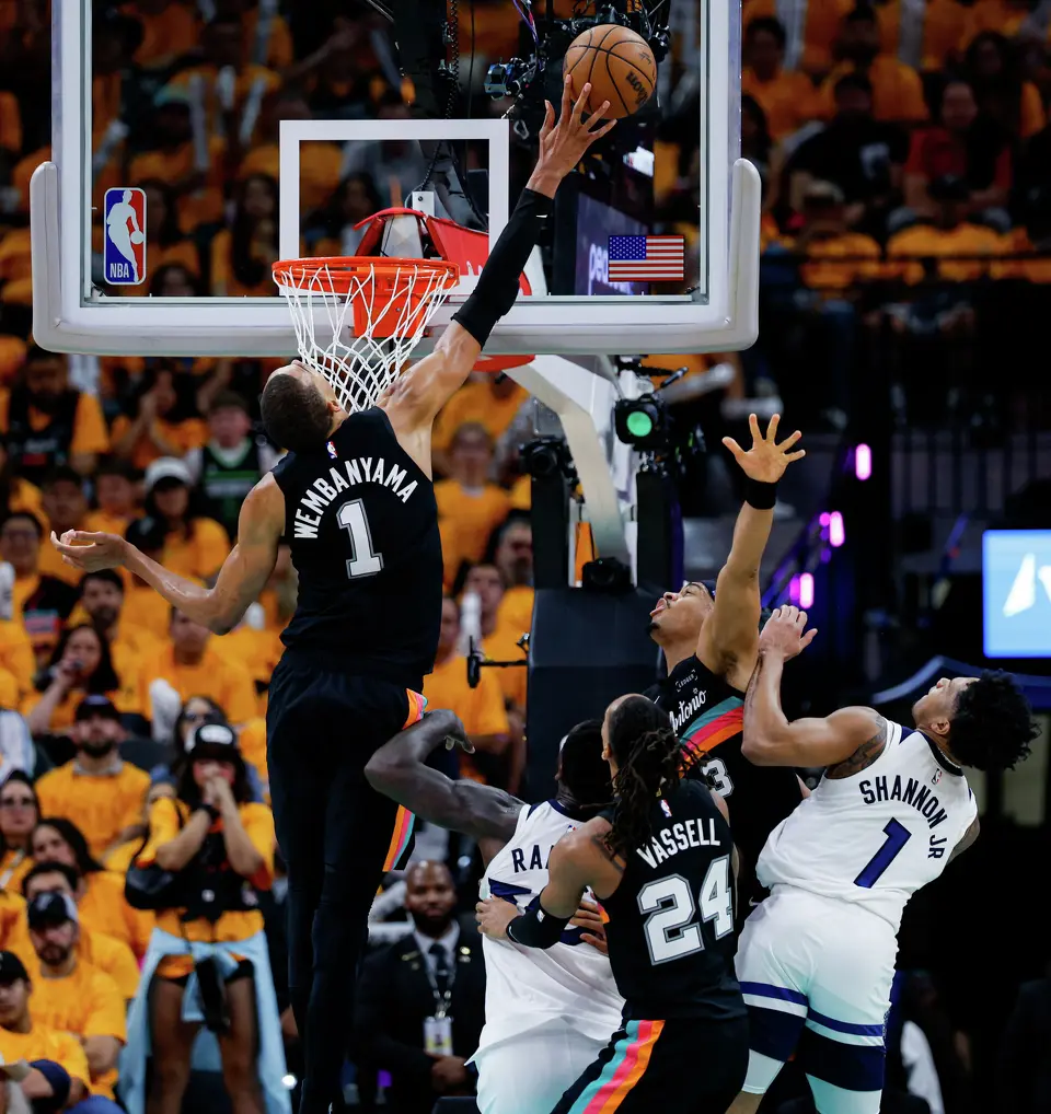 San Antonio Spurs forward Victor Wembanyama (1) blocks a shot from Minnesota Timberwolves guard Terrence Shannon Jr. (1) during the second half of Game 1 of the Western Conference semifinals at Frost Bank Center in San Antonio, Monday, May 4, 2026. The Spurs fell 104-102 to the Timberwolves.