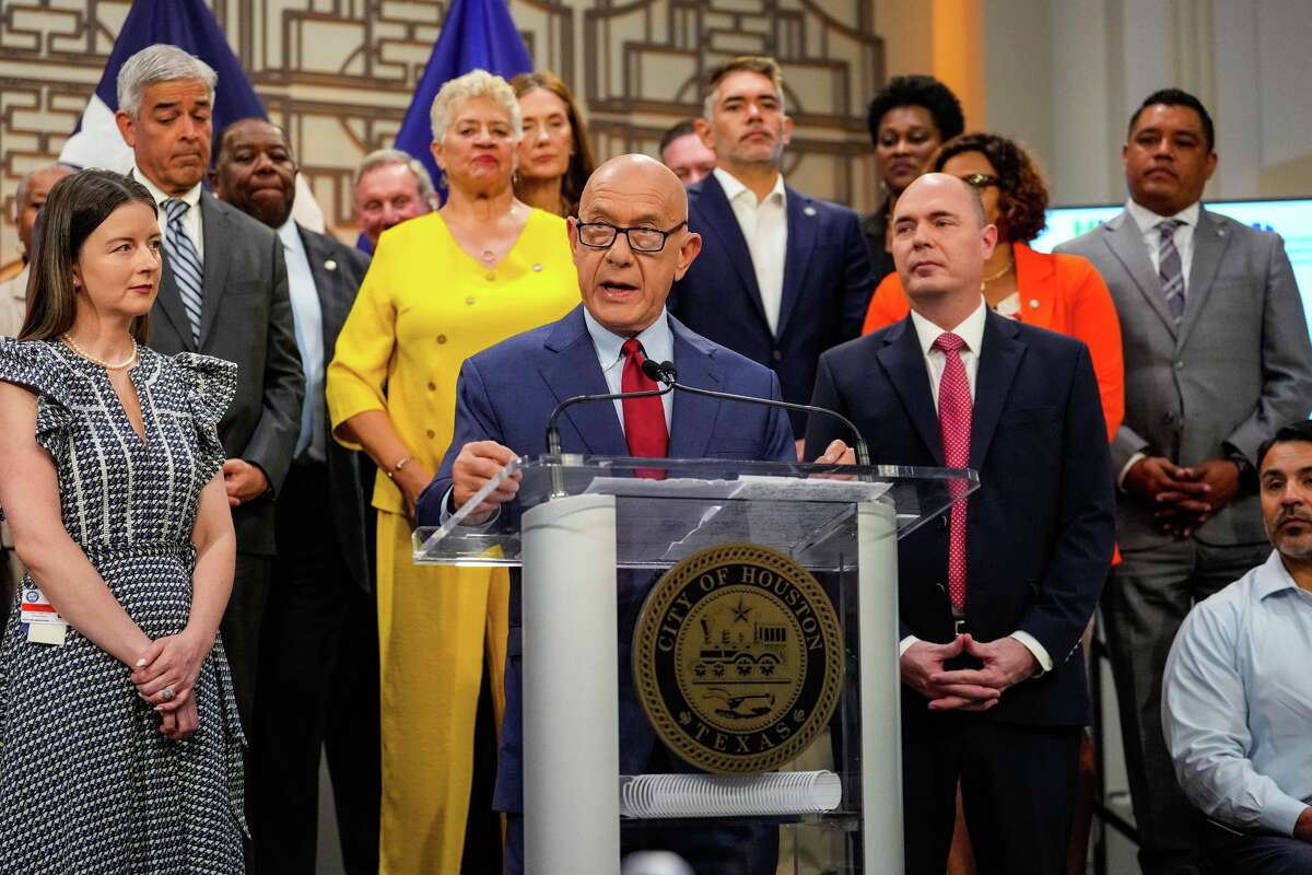 Houston Mayor John Whitmire speaks about his proposed 2027 budget and a new trash fee proposal during a presentation at City Hall in Houston, Tuesday, May 5, 2026.
