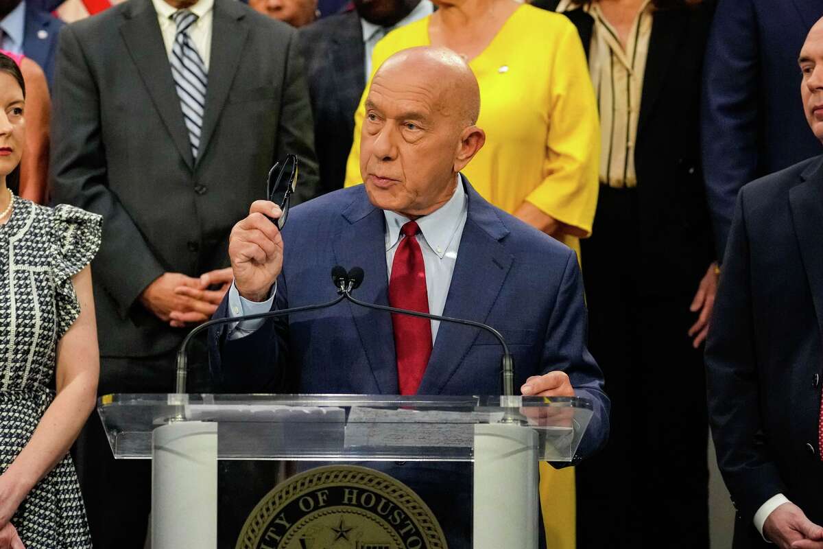 Houston Mayor John Whitmire speaks about his proposed 2027 budget and a new trash fee proposal during a presentation at City Hall in Houston, Tuesday, May 5, 2026.