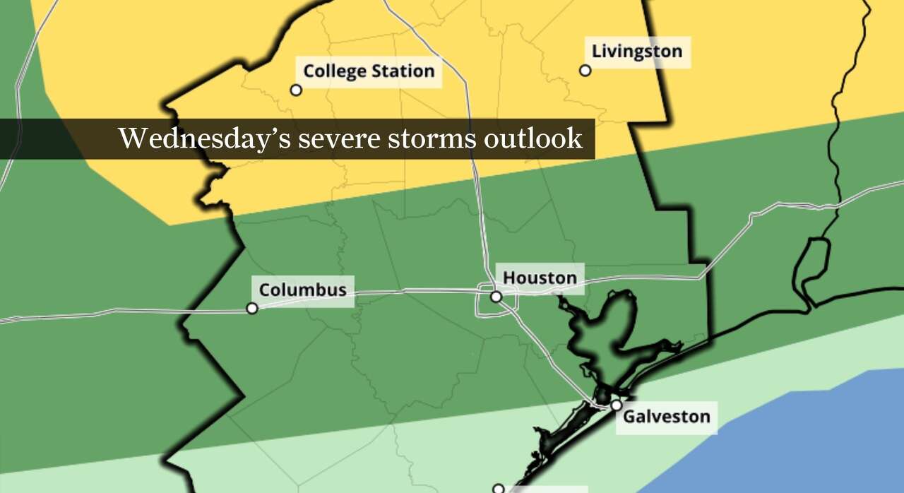Severe storms could develop ahead of an approaching cold front Wednesday afternoon across Southeast Texas. The dark green indicates a level 1 of 5 risk, while a slightly higher level 2 of 5 risk is shown in yellow north of Houston. This image was captured Tuesday afternoon and may not reflect the latest outlook.