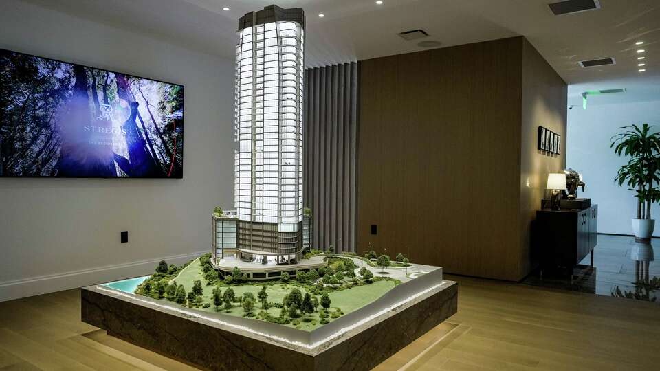 A model of the St. Regis Houston building is shown in the sales gallery and construction site ahead of the project’s groundbreaking for a 38-story residential tower near Memorial Park in Houston, Tuesday, May 5, 2026.