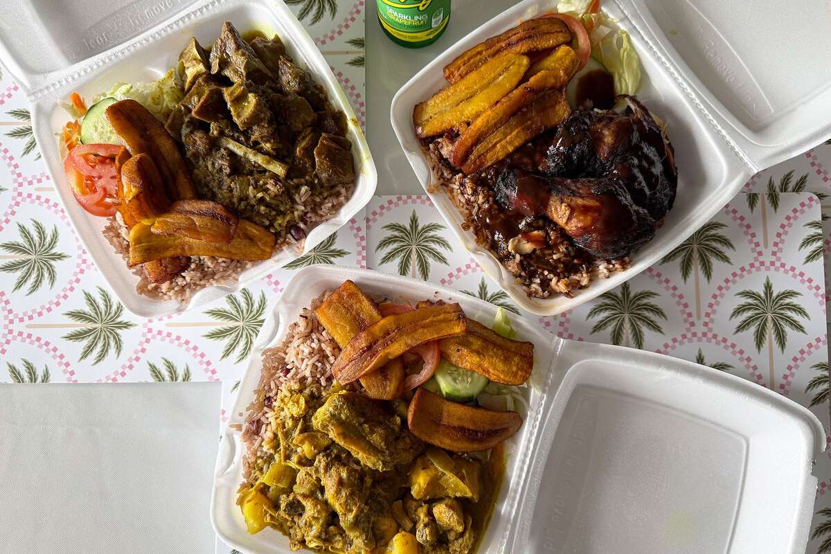 Curry goat, clockwise from top left, jerk chicken and curry chicken from Grace's Cafe.