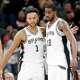 At the end of the game Kyle Anderson #1 of the San Antonio Spurs congratulates LaMarcus Aldridge #12 of the San Antonio Spurs in NBA game Atlanta Hawks v San Antonio Spurs at the AT&T Center on Sunday, November 20, 2017.