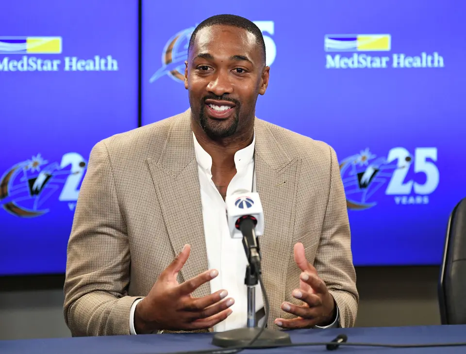 Former Washington Wizard Gilbert Arenas talks during a press conference at Capital One Arena on November 18, 2022. (Photo by Jonathan Newton/The Washington Post via Getty Images)
