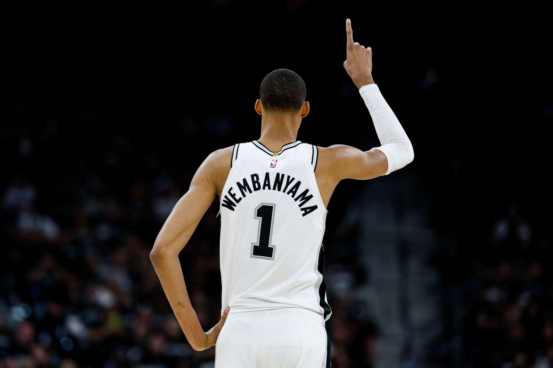San Antonio Spurs forward Victor Wembanyama (1) gestures during Game 2 of the Western Conference semifinals against the Minnesota Timberwolves at Frost Bank Center in San Antonio, on Wednesday, May 6, 2026.