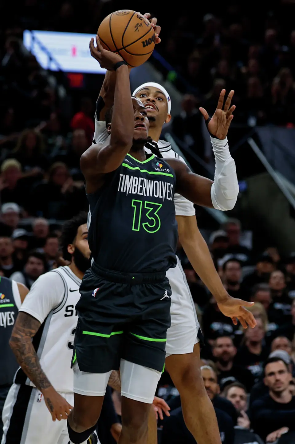 San Antonio Spurs forward Keldon Johnson (3) goes to block a shot during the first half of Game 2 of the Western Conference semifinals at Frost Bank Center in San Antonio, Wednesday, May 6, 2026.