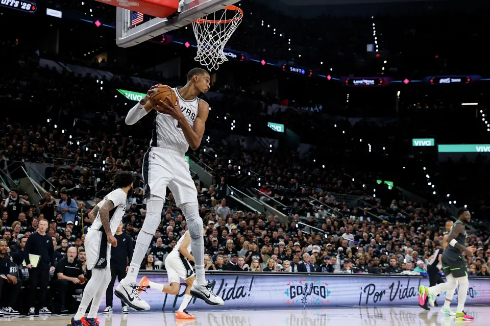 San Antonio Spurs forward Victor Wembanyama (1) rebounds the ball during the first half of Game 2 of the Western Conference semifinals at Frost Bank Center in San Antonio, Wednesday, May 6, 2026.