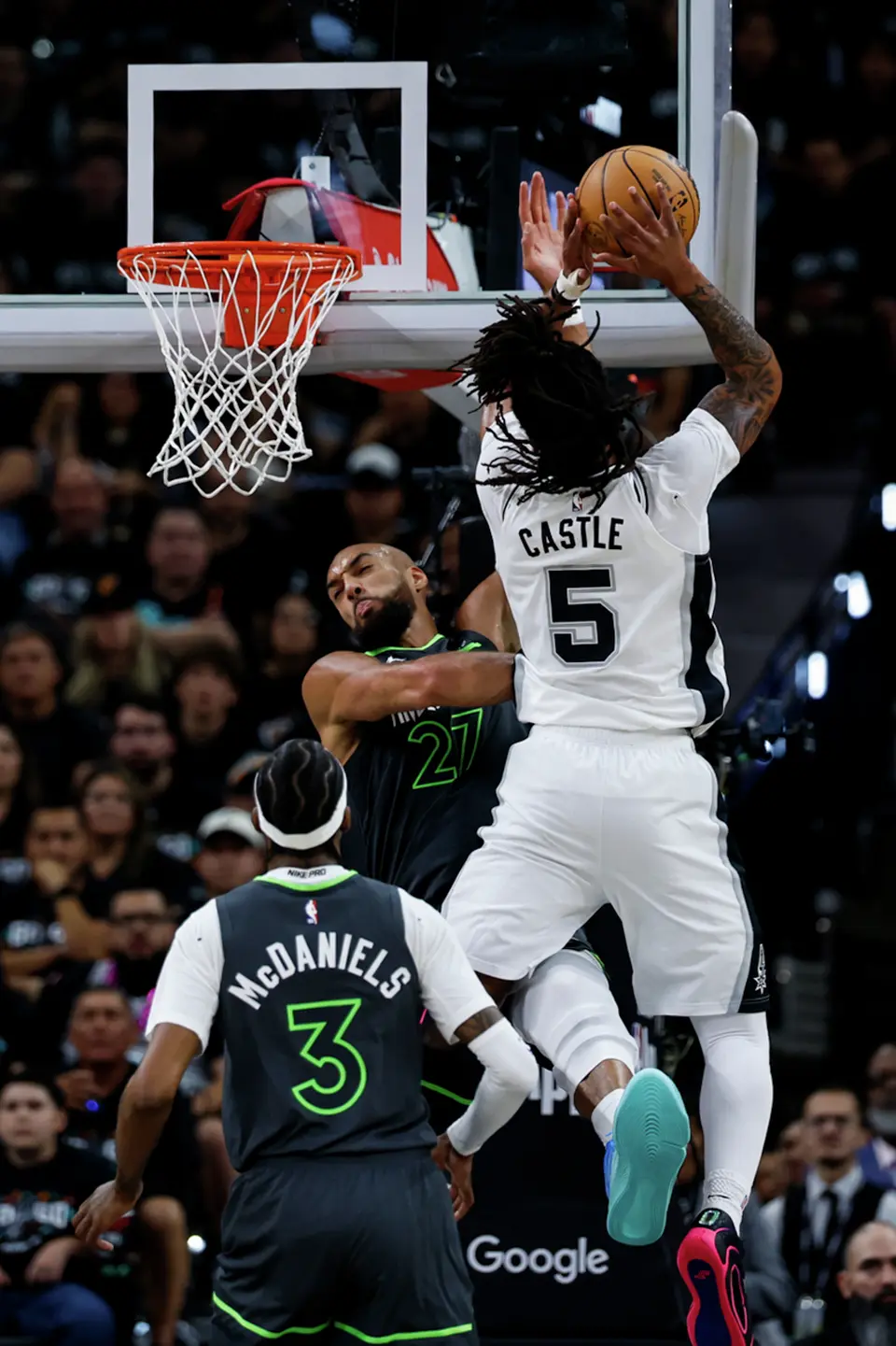 San Antonio Spurs guard Stephon Castle (5) drives up to the basket during the first half of Game 2 of the Western Conference semifinals at Frost Bank Center in San Antonio, Wednesday, May 6, 2026.
