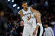San Antonio Spurs forward Victor Wembanyama (1) congratulates forward Carter Bryant (11) on a play during the second half of Game 2 of the Western Conference semifinals at Frost Bank Center in San Antonio, Wednesday, May 6, 2026.