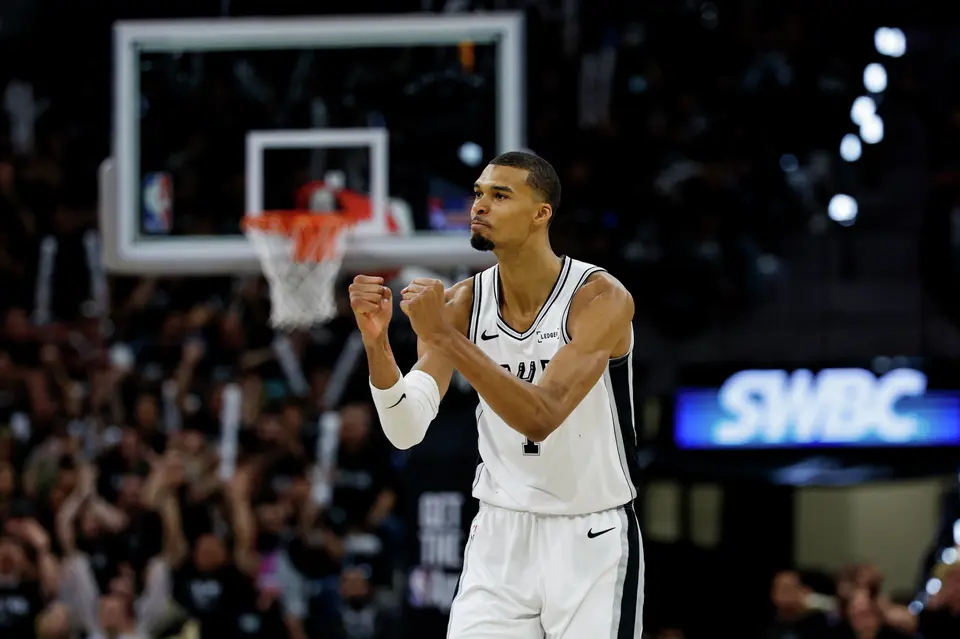 San Antonio Spurs forward Victor Wembanyama (1) reacts to making a three-pointer during the second half of Game 2 of the Western Conference semifinals at Frost Bank Center in San Antonio, Wednesday, May 6, 2026. The Spurs rolled past the Timberwolves 133-95 to even the series at 1-1.
