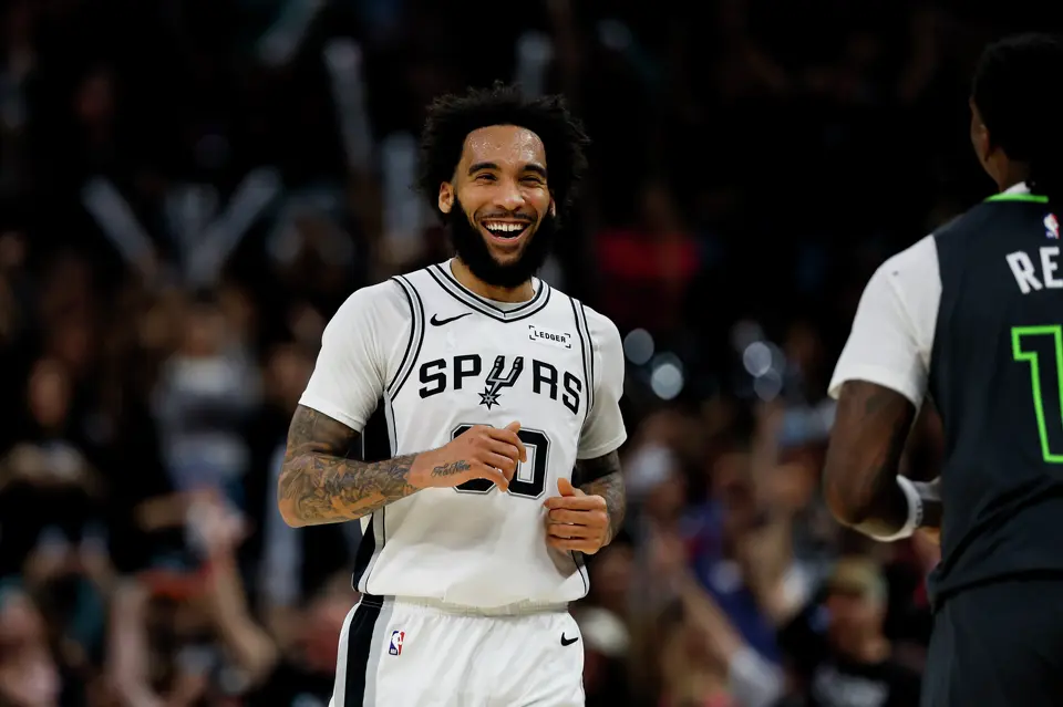 San Antonio Spurs forward Julian Champagnie (30) celebrates a play during the second half of Game 2 of the Western Conference semifinals at Frost Bank Center in San Antonio, Wednesday, May 6, 2026. The Spurs rolled past the Timberwolves 133-95 to even the series at 1-1.