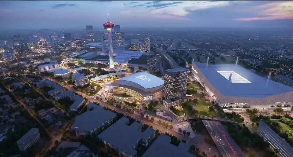 A rendering shows the potential for a downtown sports and entertainment district. A new Spurs arena at Hemisfair will be the centerpiece of a bright future.