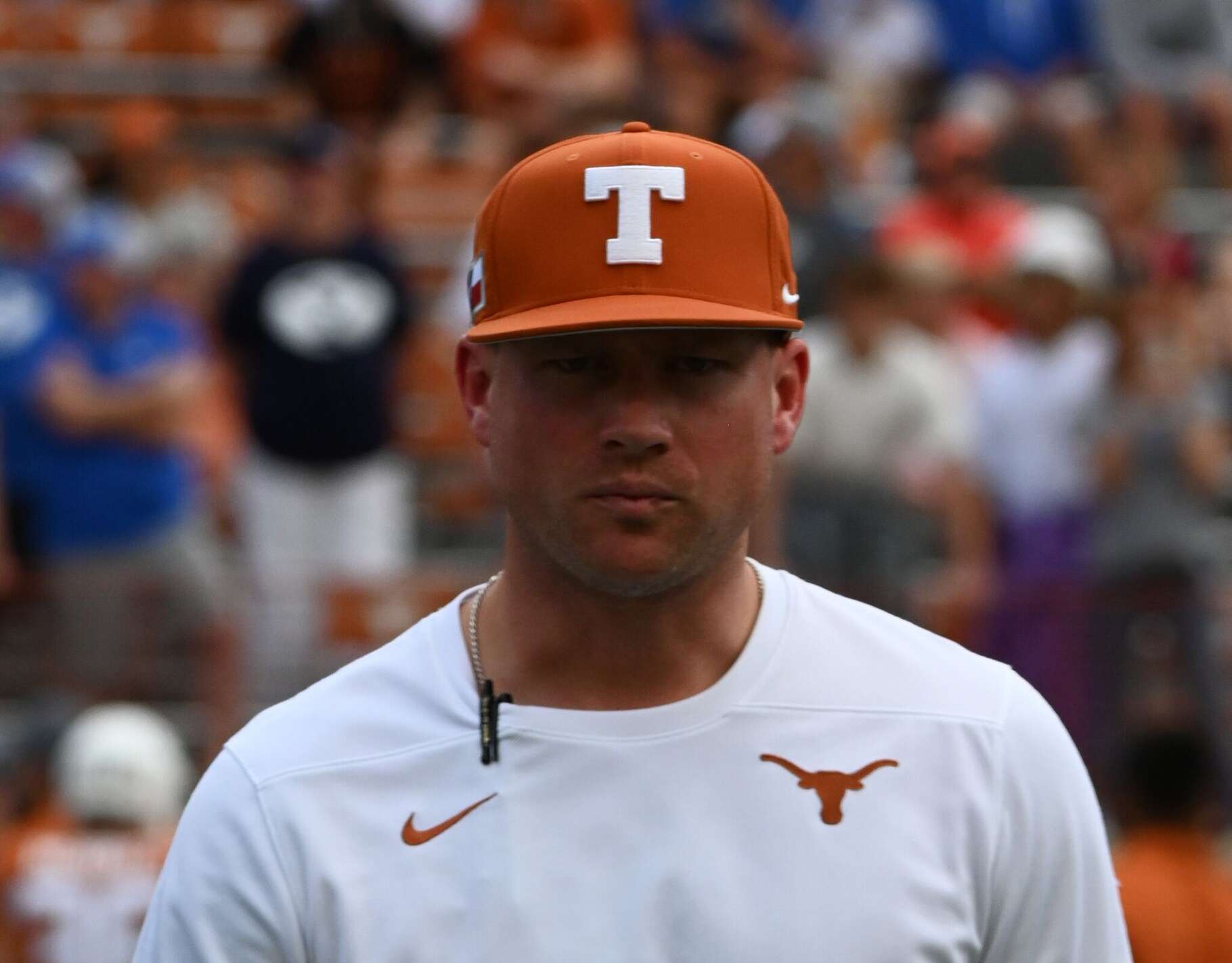 AUSTIN, TX - OCTOBER 28: Texas Longhorns assistant coach Blake Gideon during the college football game between the Brigham Young Cougars and the Texas Longhorns on October 28, 2023, at Darrell K Royal-Texas Memorial Stadium in Austin, TX. (Photo by John Rivera/Icon Sportswire via Getty Images)
