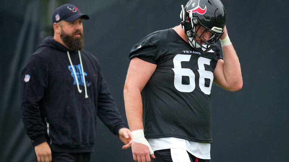 Houston Texans guard Keylan Rutledge (66) walks up the field while running drills during a rookie mini camp at Houston Methodist Training Center in Houston, Friday, May 8, 2026.