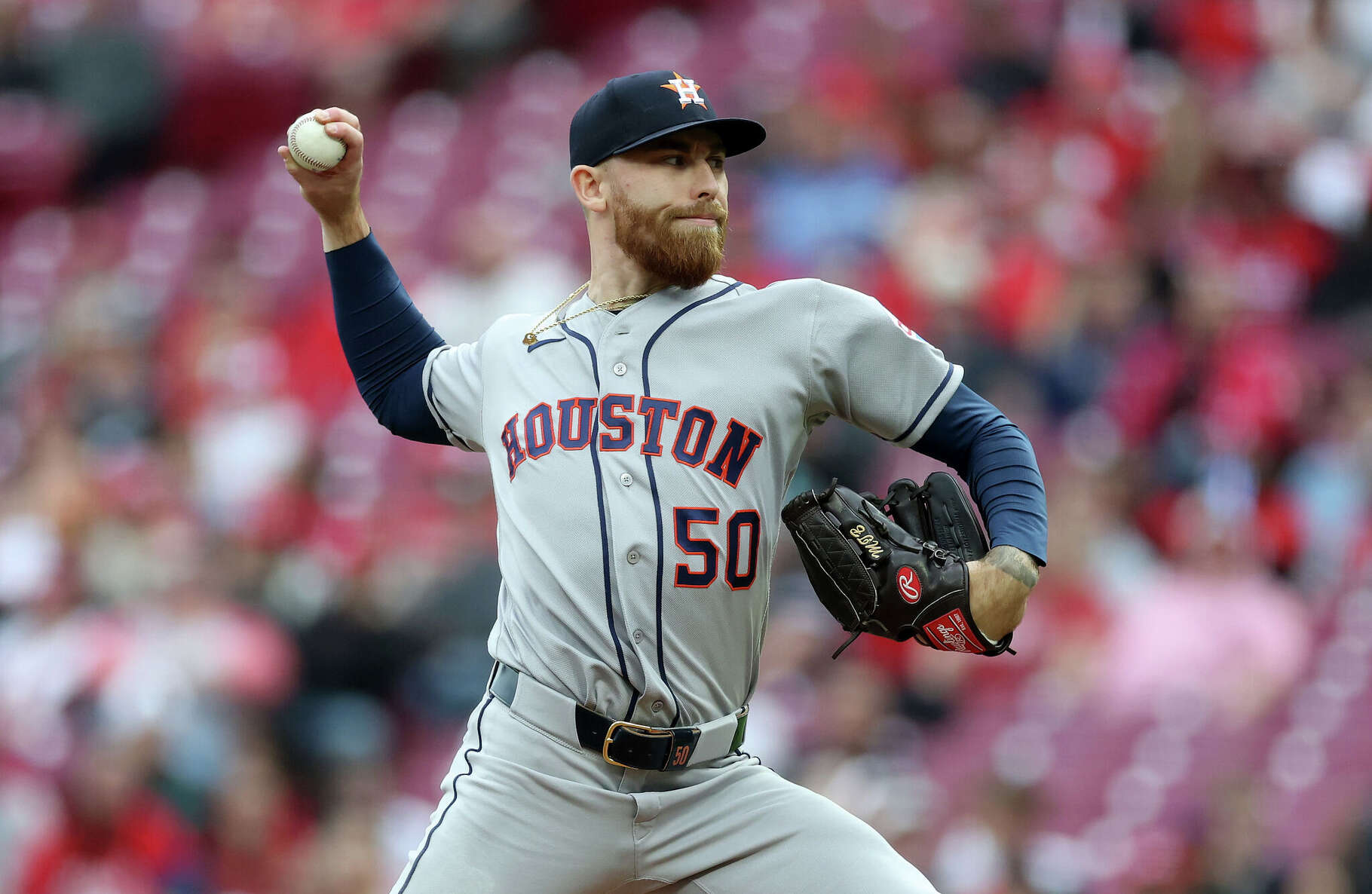 CINCINNATI, OHIO - MAY 08: Mike Burrows #50 of the Houston Astros throws a pitch against the Cincinnati Reds on May 08, 2026 in Cincinnati, Ohio. (Photo by Andy Lyons/Getty Images)