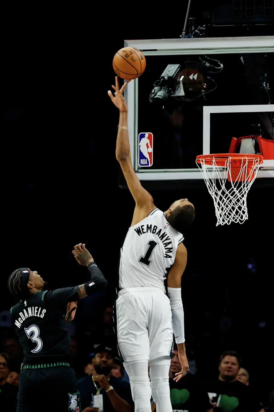 San Antonio Spurs forward Victor Wembanyama (1) goes up for a block during the first half of Game 3 of the Western Conference semifinals at Target Center in Minneapolis, Friday, May 8, 2026.