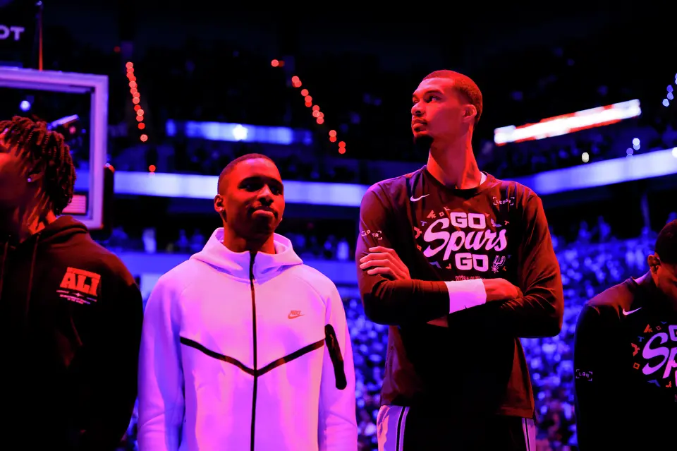 San Antonio Spurs forward David Jones Garcia (25) and forward Victor Wembanyama (1) on the court before the start of Game 3 of the Western Conference semifinals at Target Center in Minneapolis, Friday, May 8, 2026.