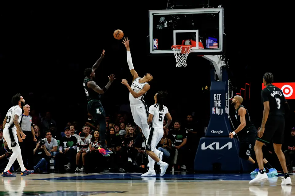 San Antonio Spurs forward Victor Wembanyama (1) goes up for a block during the first half of Game 3 of the Western Conference semifinals at Target Center in Minneapolis, Friday, May 8, 2026.