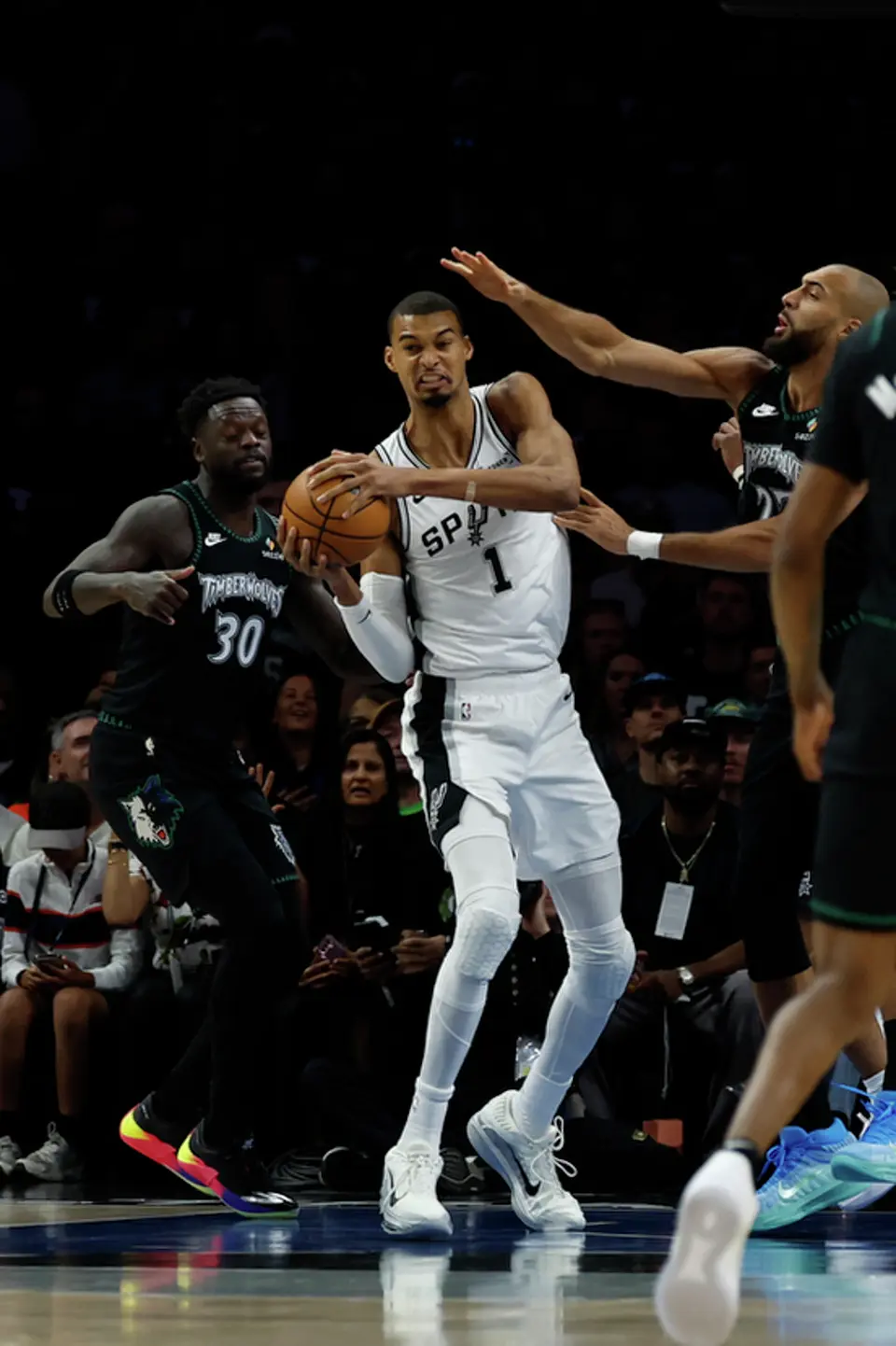 San Antonio Spurs forward Victor Wembanyama (1) holds onto the ball during the first half of Game 3 of the Western Conference semifinals at Target Center in Minneapolis, Friday, May 8, 2026.