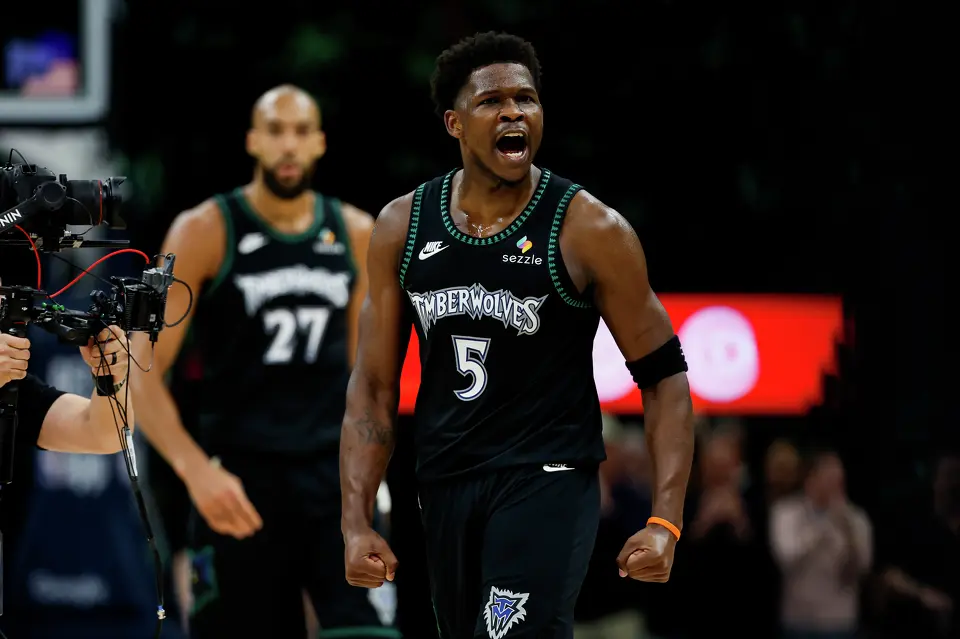 Minnesota Timberwolves guard Anthony Edwards (5) celebrates a play during the first half of Game 3 of the Western Conference semifinals at Target Center in Minneapolis, Friday, May 8, 2026.