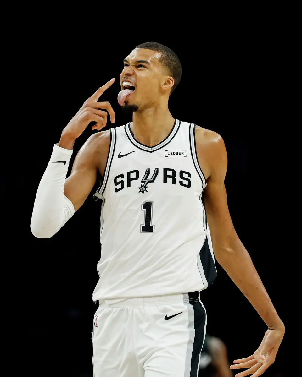 San Antonio Spurs forward Victor Wembanyama (1) makes a face after scoring a three-pointer during the second half of Game 3 of the Western Conference semifinals at Target Center in Minneapolis, Friday, May 8, 2026.