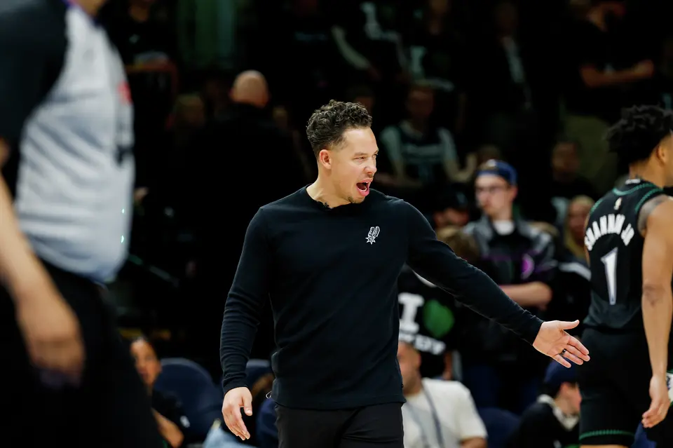 San Antonio Spurs head coach Mitch Johnson gestures during the second half of Game 3 of the Western Conference semifinals at Target Center in Minneapolis, Friday, May 8, 2026. The Spurs defeated the Timberwolves 115-108, leading the series 2-1.