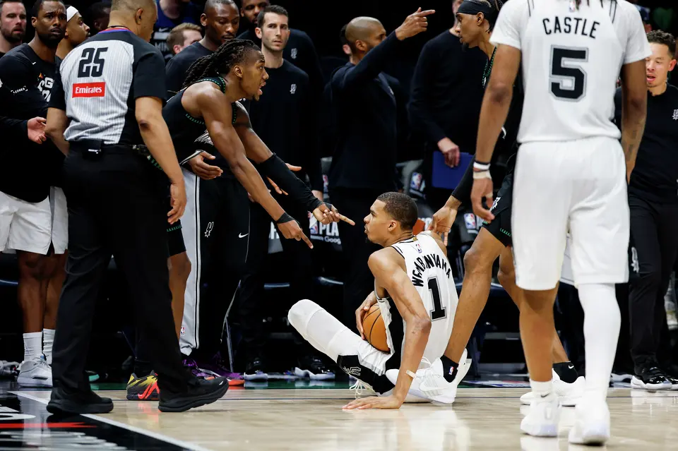 San Antonio Spurs forward Victor Wembanyama (1) gets up off the court after a play during the second half of Game 3 of the Western Conference semifinals at Target Center in Minneapolis, Friday, May 8, 2026. The Spurs defeated the Timberwolves 115-108, leading the series 2-1.