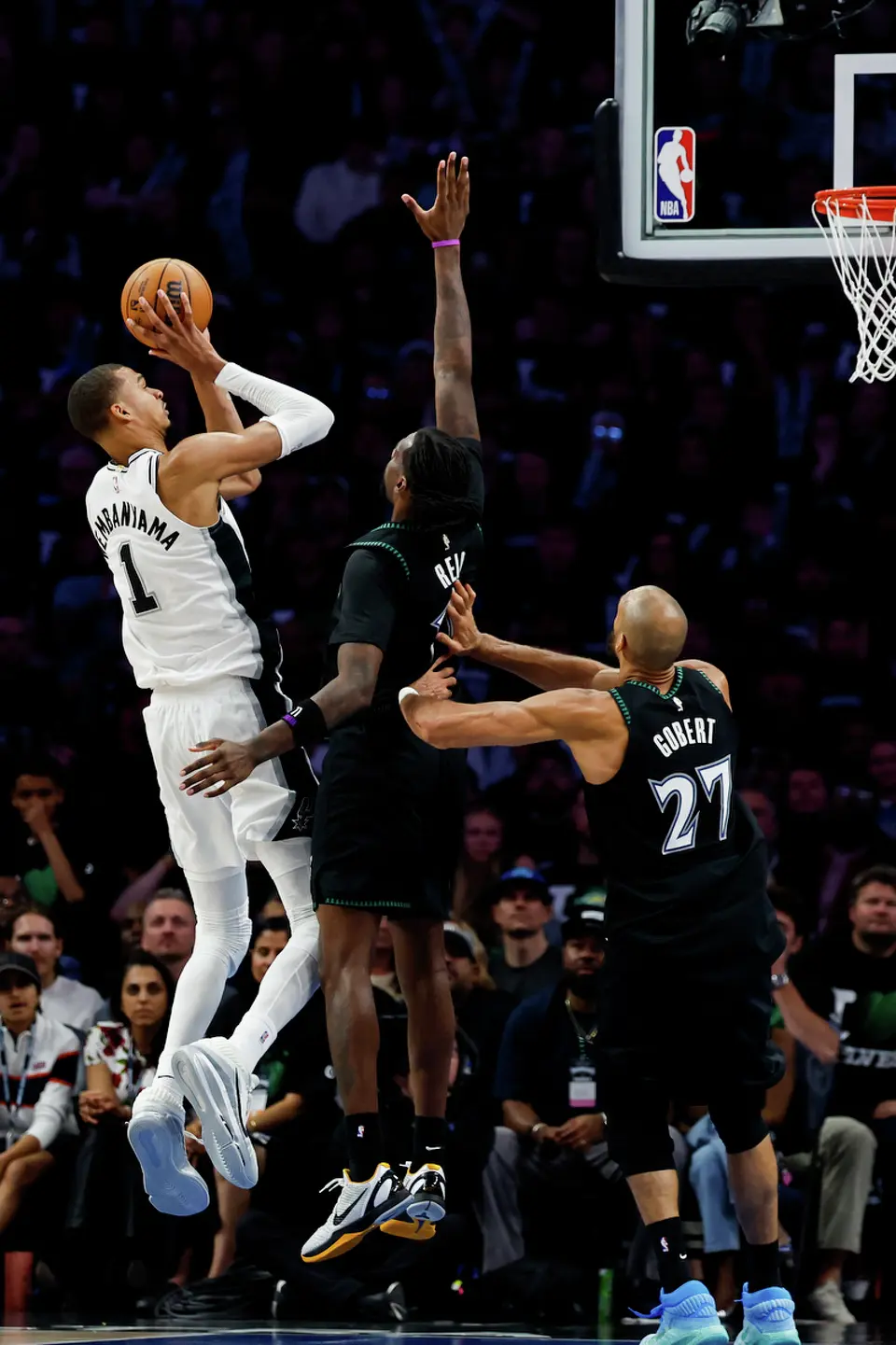 San Antonio Spurs forward Victor Wembanyama (1) jumps up to shoot the ball during the second half of Game 3 of the Western Conference semifinals at Target Center in Minneapolis, Friday, May 8, 2026. The Spurs defeated the Timberwolves 115-108, leading the series 2-1.